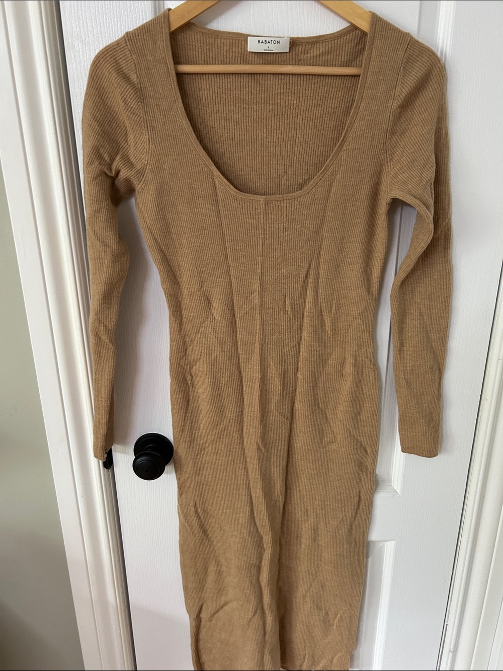 Babaton Camel Ribbed Scoop-Neck Midi Dress